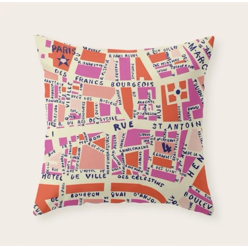 Set 2 Paris Map Pillow Covers Red‎ Pink Blue Graphic Euro Decor Zipper 20 in