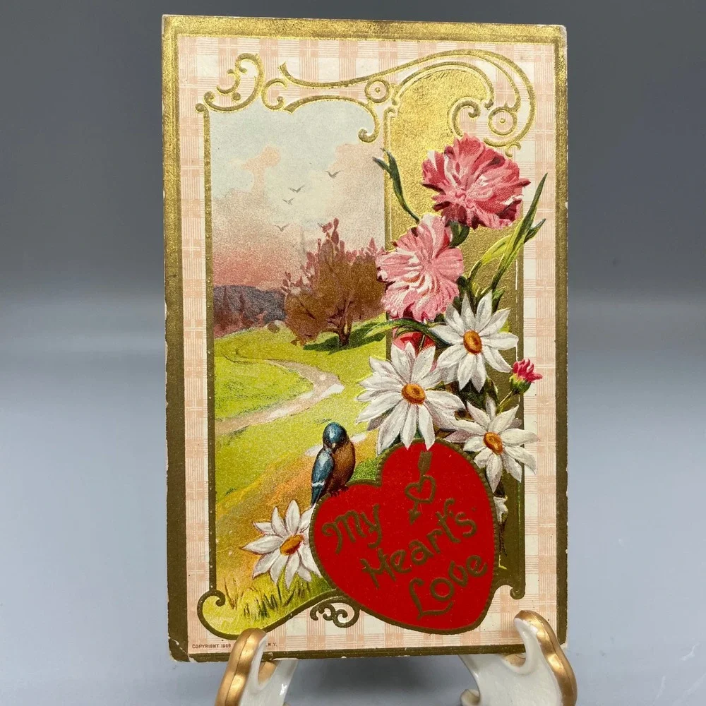 Antique 1910 Valentine Postcard My Heart's Love Bluebird Flowers Embossed Gold