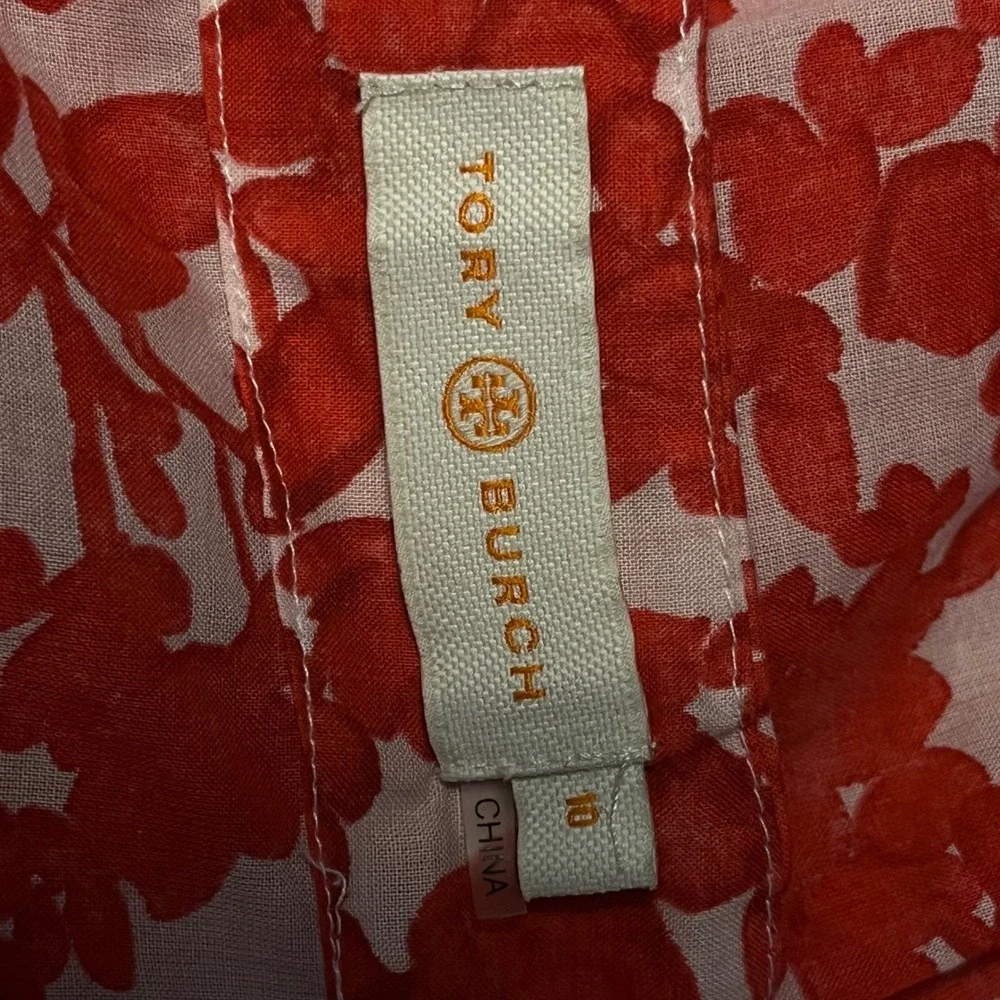 Tory Burch Womens Tunic Top Red Floral Beaded Lattice Resort Coastal 10