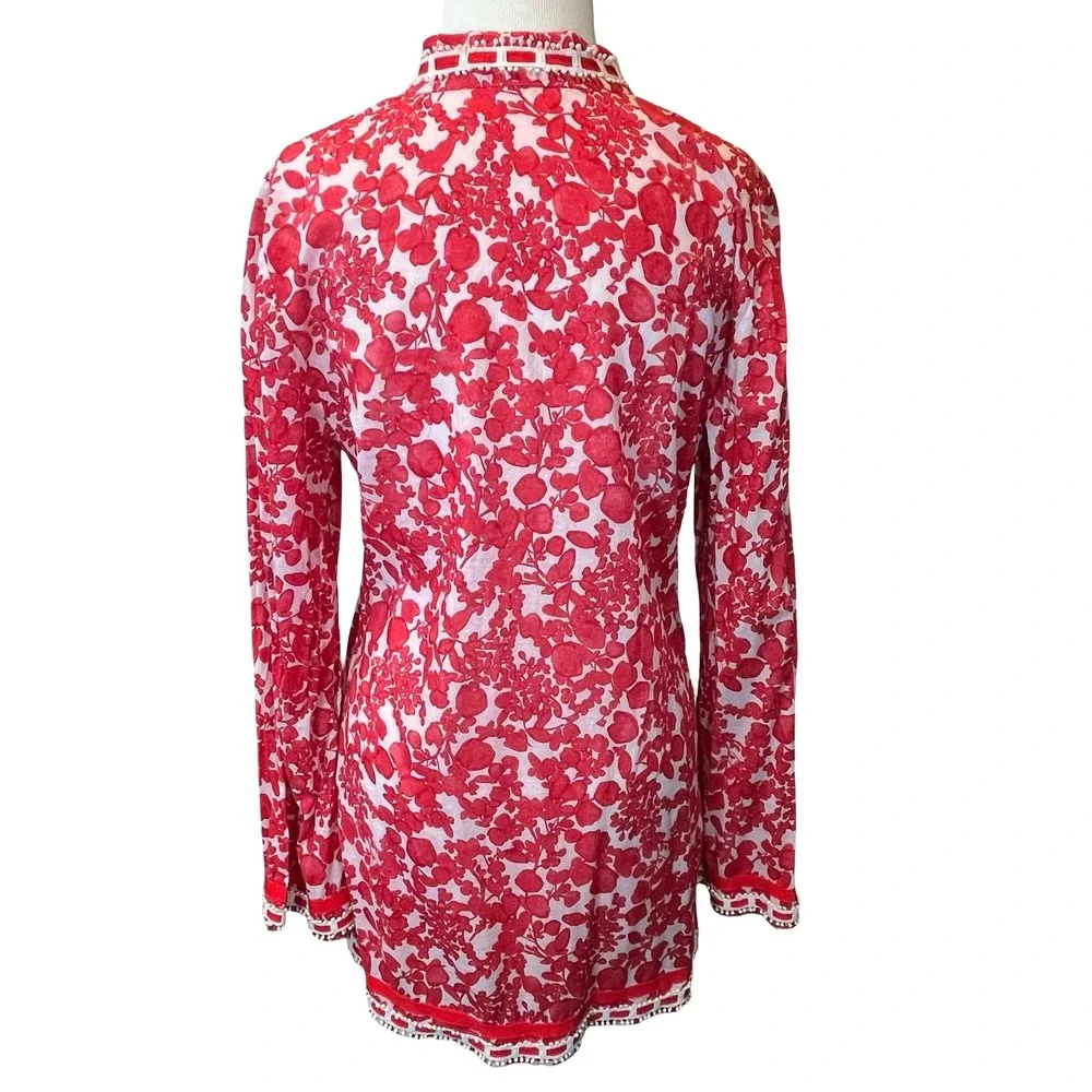 Tory Burch Womens Tunic Top Red Floral Beaded Lattice Resort Coastal 10