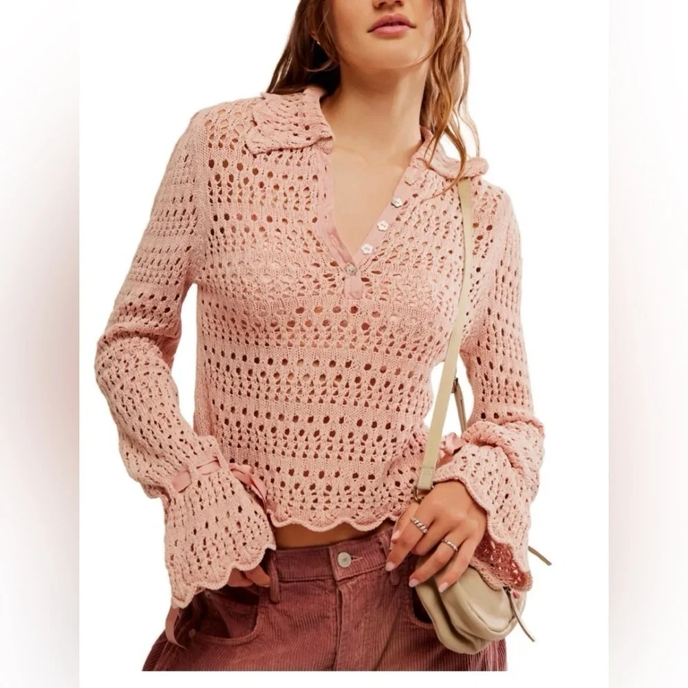 Free People Pointelle Knit Collared Sweater, Mauve Rose, Size M