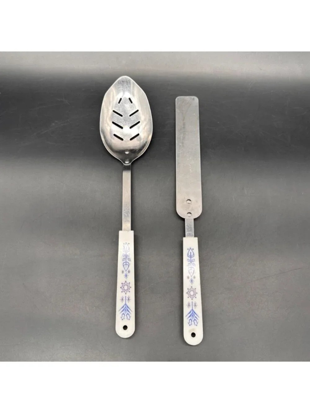 Vintage Slotted Spoon Spatula Set ACE Stainless Steel Blue Floral Handles USA