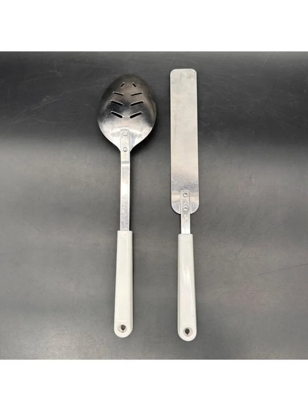 Vintage Slotted Spoon Spatula Set ACE Stainless Steel Blue Floral Handles USA
