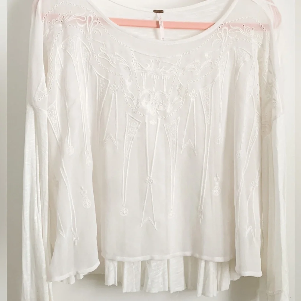 Free People White Embroidered Flowy Top