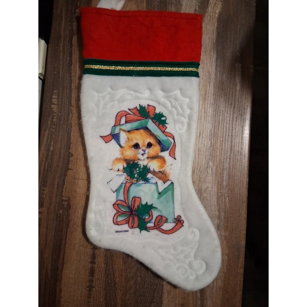 Vintage 80s 90s‎ Christmas Stocking Felt Kitten Kitty Cat Santa's Best