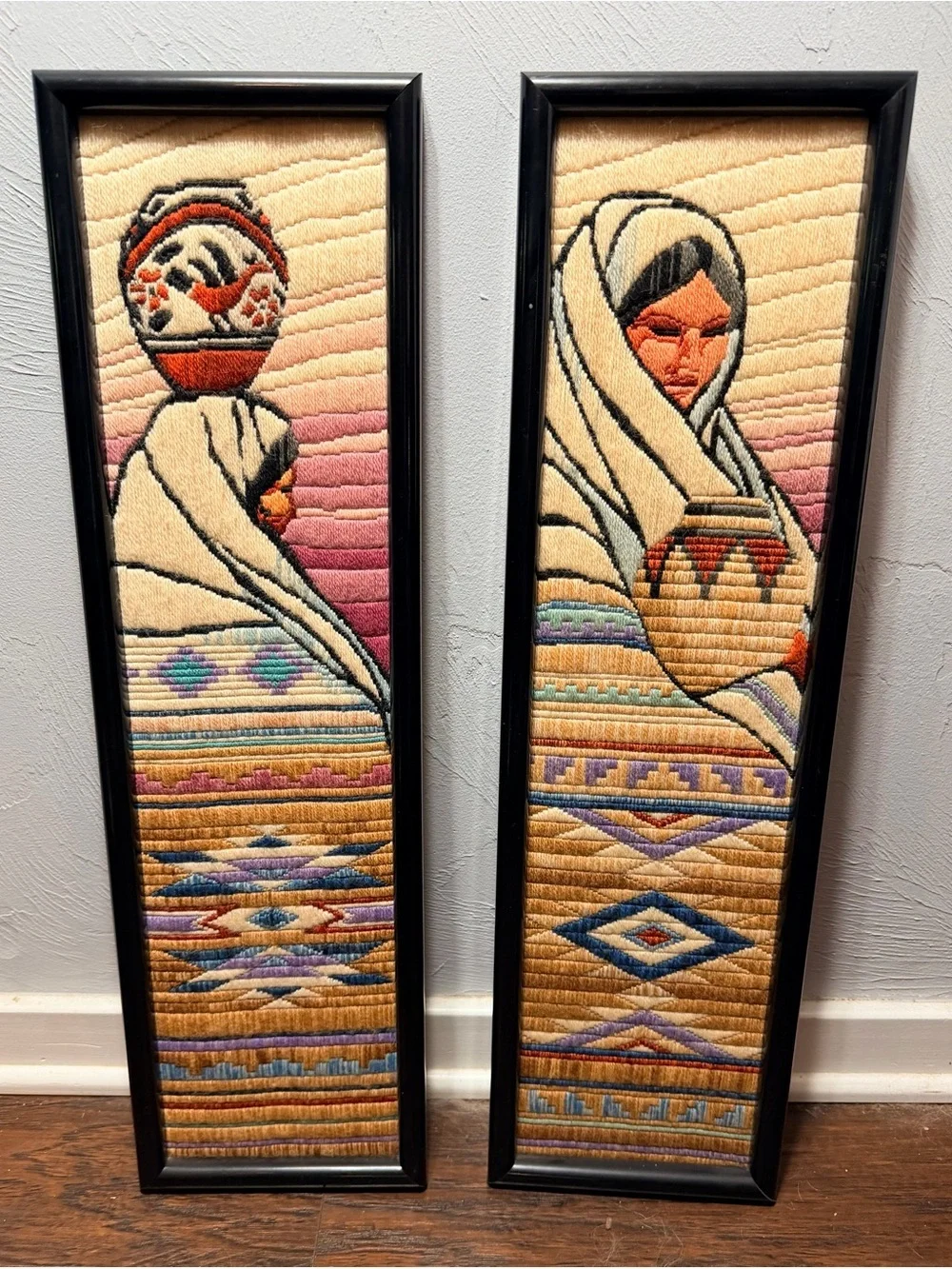 Vintage Handwoven Boho Wall Art Pair in Cream, Gold & Purple - Unbranded