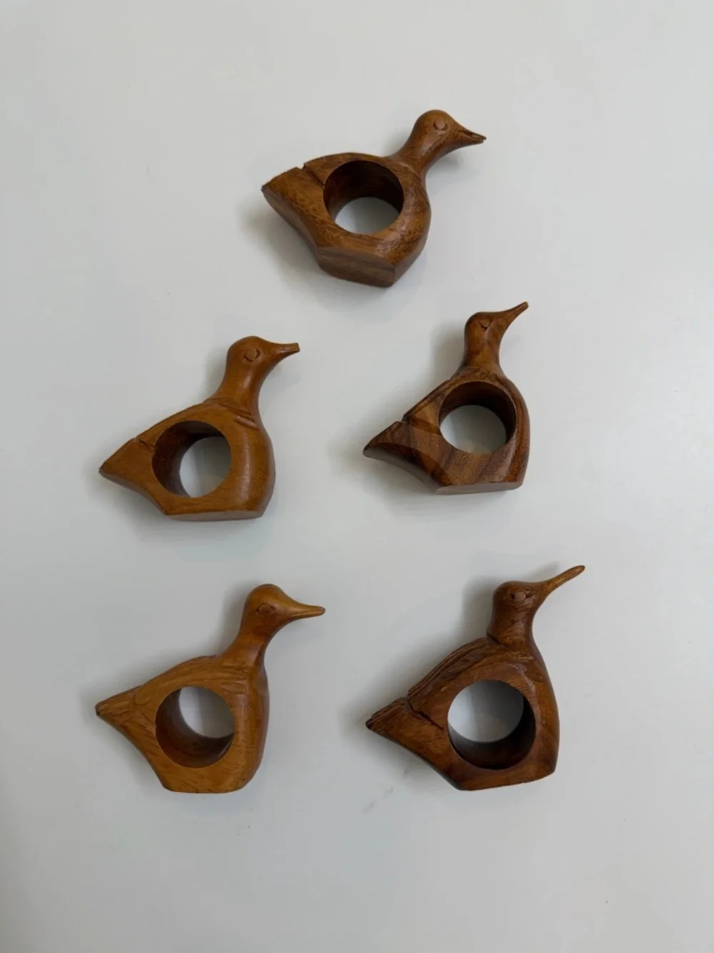 Hand Carved Warm Brown Wooden Duck Napkin Rings - Set‎ of 5