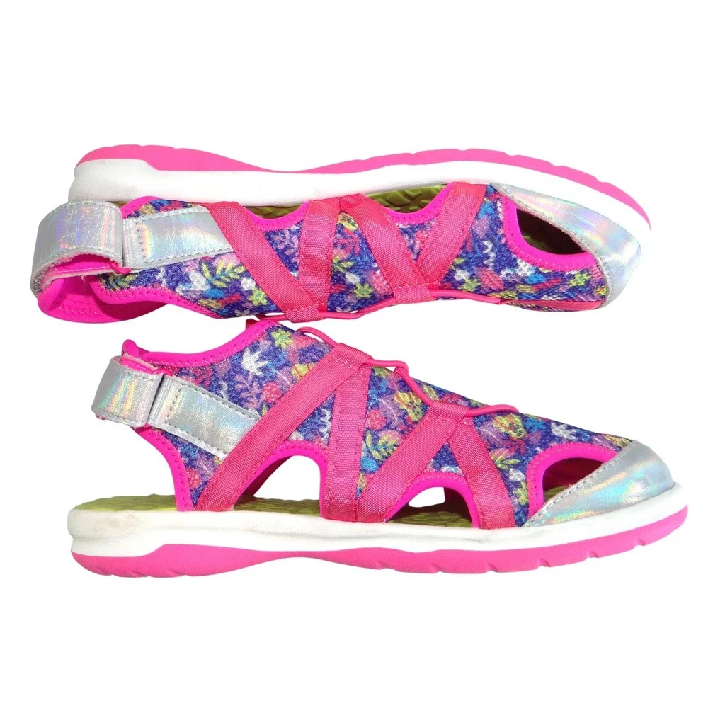 Lands End Youth 6M Girls Sport Sandals Pink Floral‎ Holographic Water Shoes