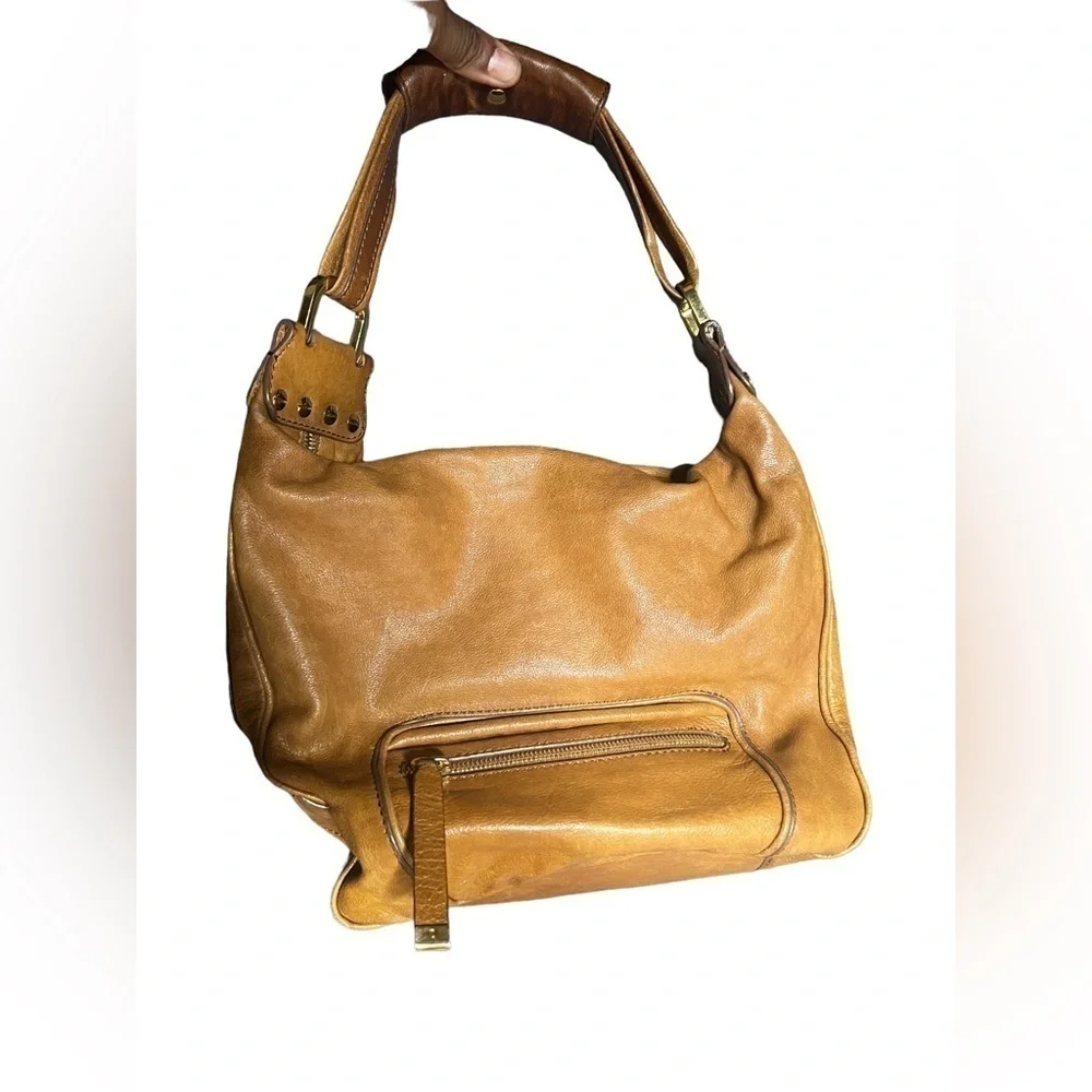 TODS Cognac Brown Hobo Leather Slouch Bag Zip Top Womens