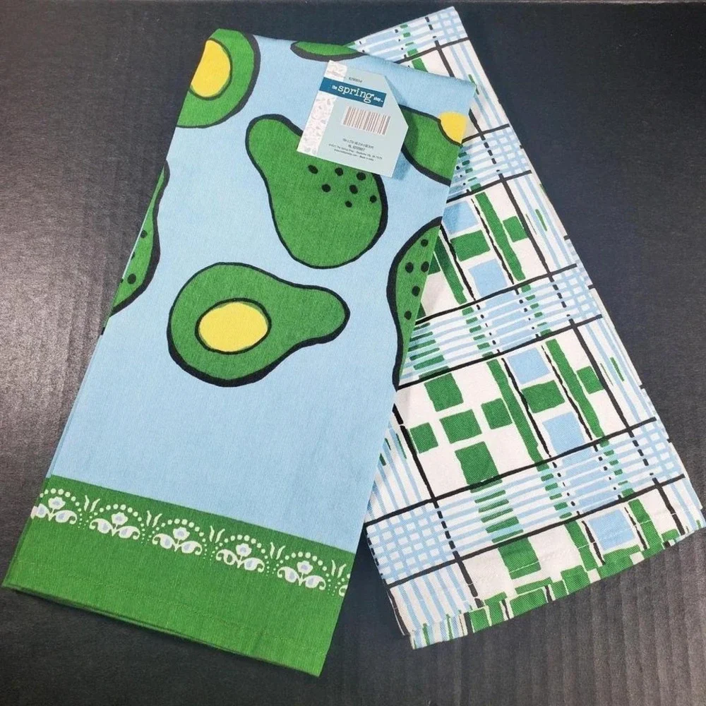 Kitchen Tea Towel Set AVOCADOS / PLAID Green Blue, Large 19