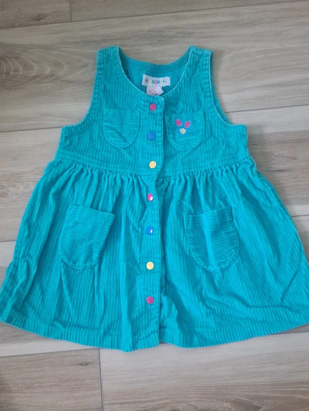 Vintage Gymboree Rainbow Tag Teal Corduroy Tank Dress with Colorful Buttons 18mo