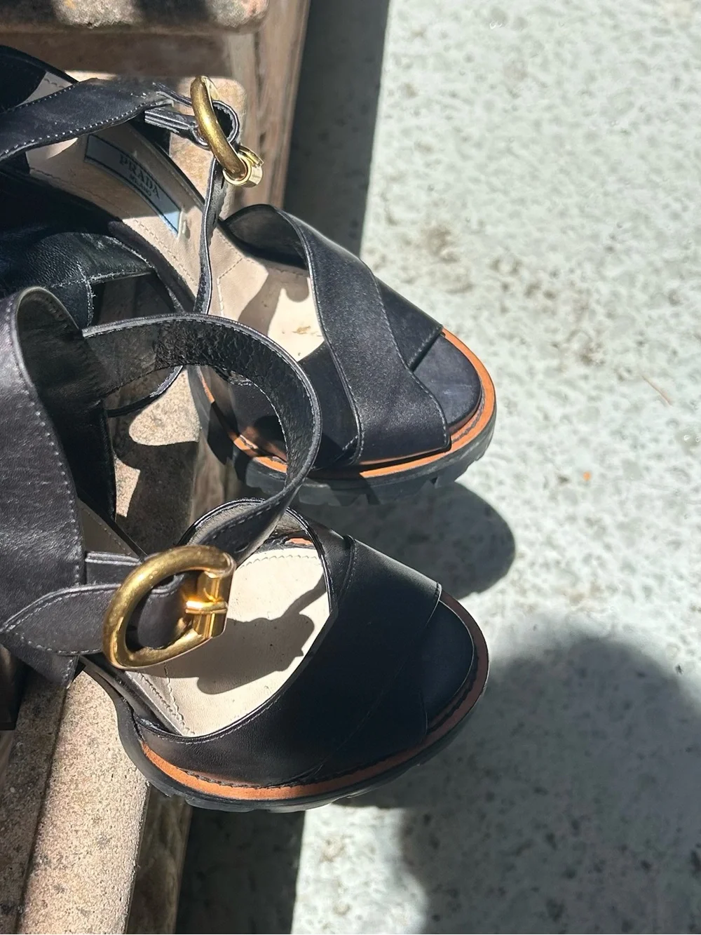 Prada Black Leather Crisscross Wedge Sandals (high heels) with Gold Buckle