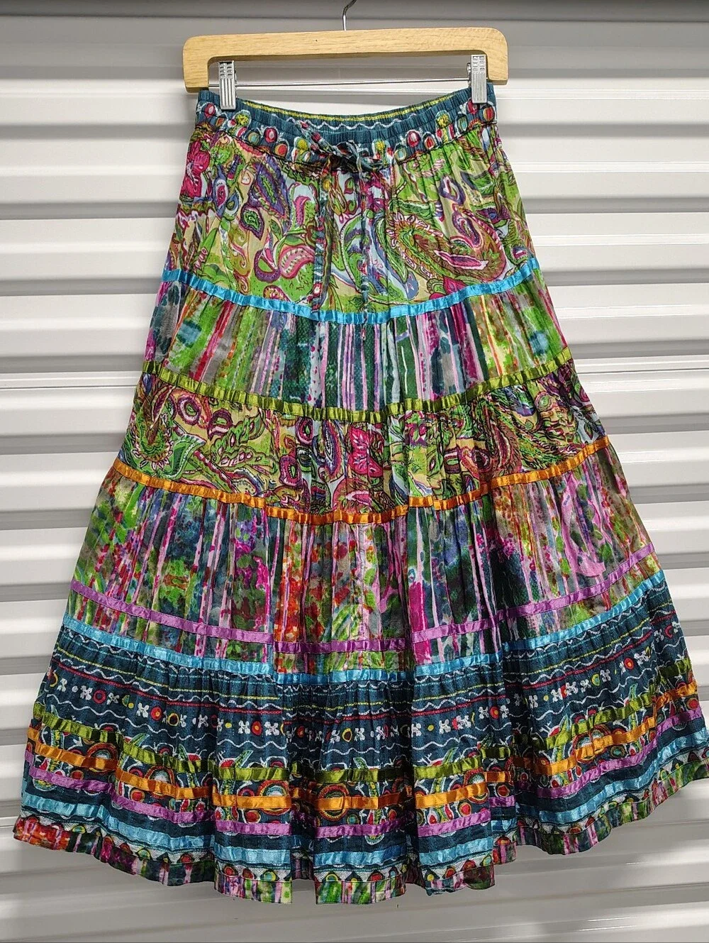 NEW Boho-chic Vibrant Multi-Color Tiered Cotton Maxi Skirt by Travel Smith S