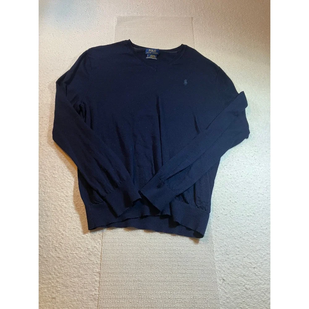 Polo Ralph Lauren Mens V Neck Sweater Navy Blue Pony Logo Size Large L