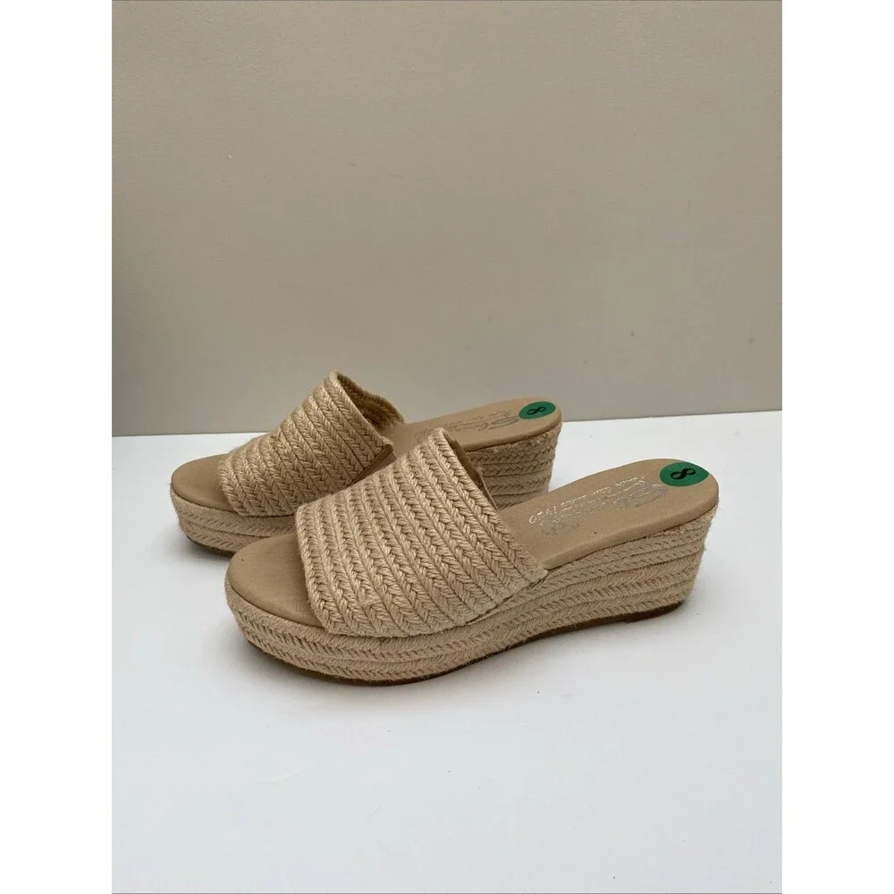 Sbicca Ballona Wedge Sandal 8 Beige Slip-On Open Toe Platform Espadrille Jute