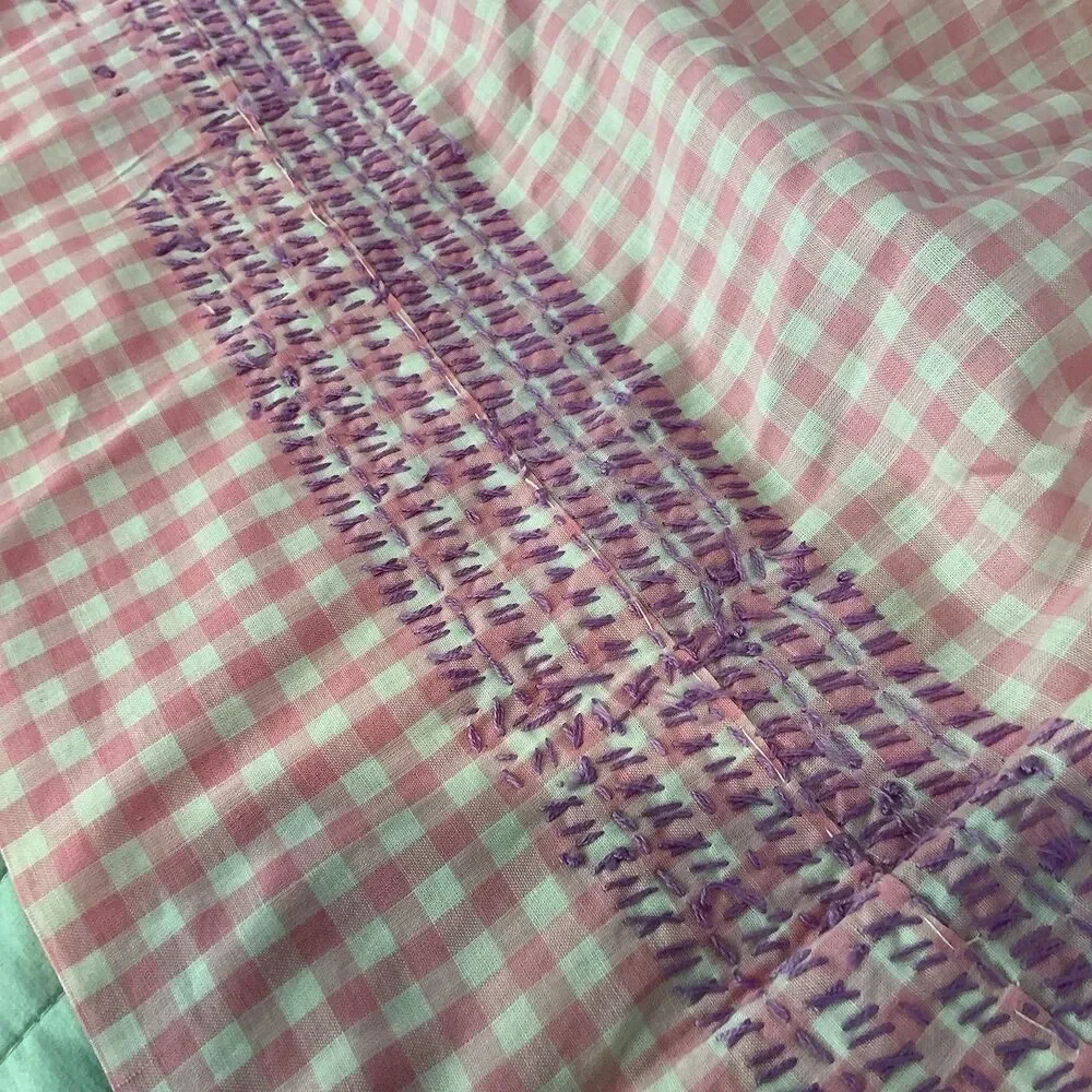 Vintage Pink Gingham Half Apron Purple Embroidery Pocket 70” Waist Ties