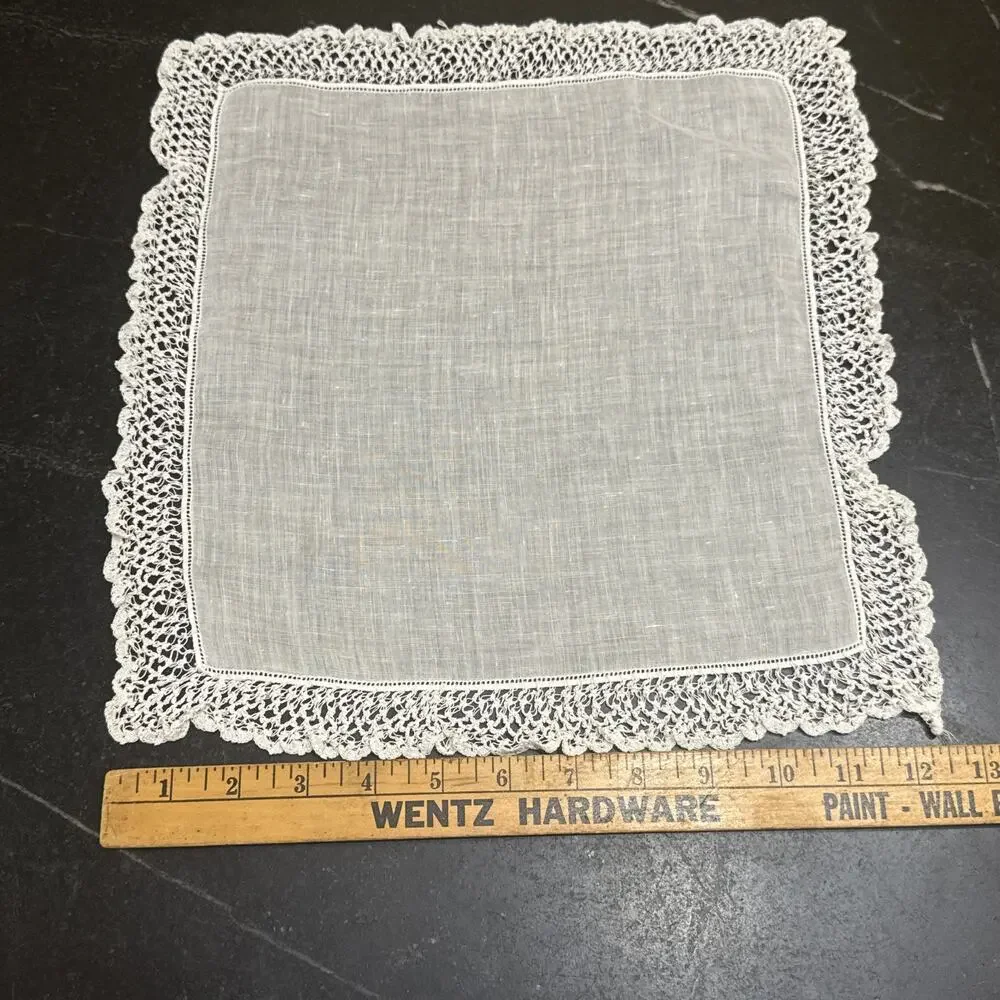 Antique Vintage White Linen Bridal Handkerchief Deep Crochet Lace Fan Border