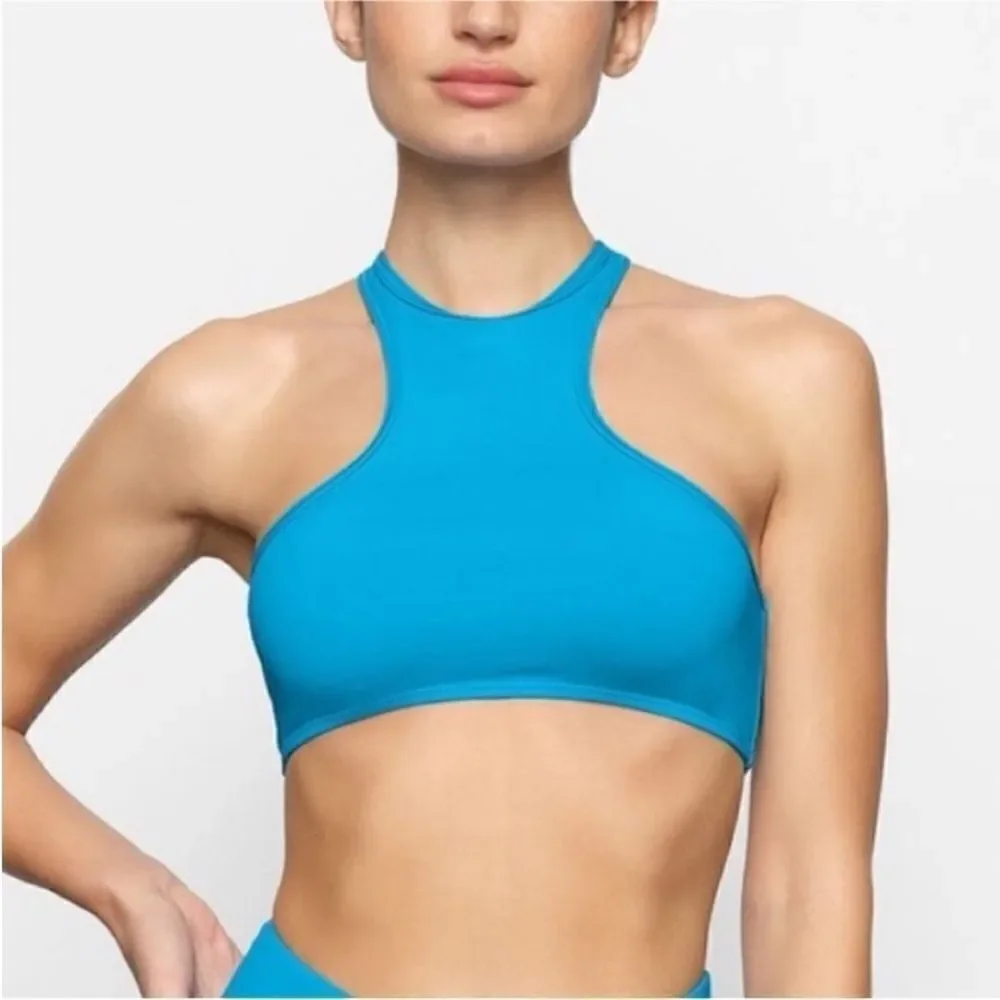 SKIMS NWT Recycled Swim High Neck Racerback Top in Turquoise Size Small