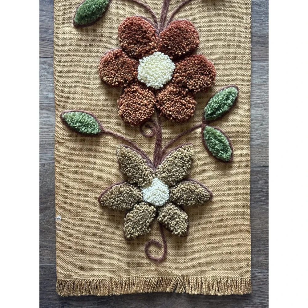 VTG 1970S Latch Hook Wall Hanging Butterfly Floral Boho‎ Burlap Mcm Textile Art