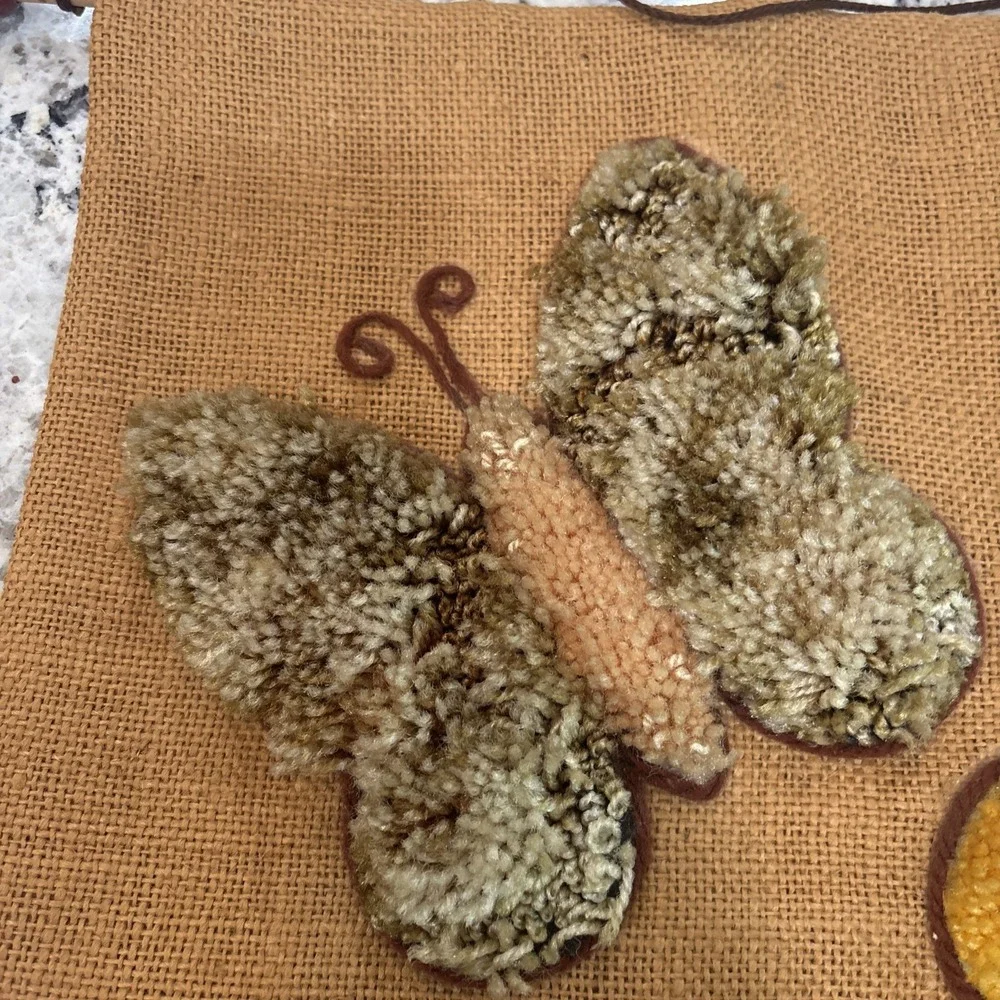 VTG 1970S Latch Hook Wall Hanging Butterfly Floral Boho‎ Burlap Mcm Textile Art