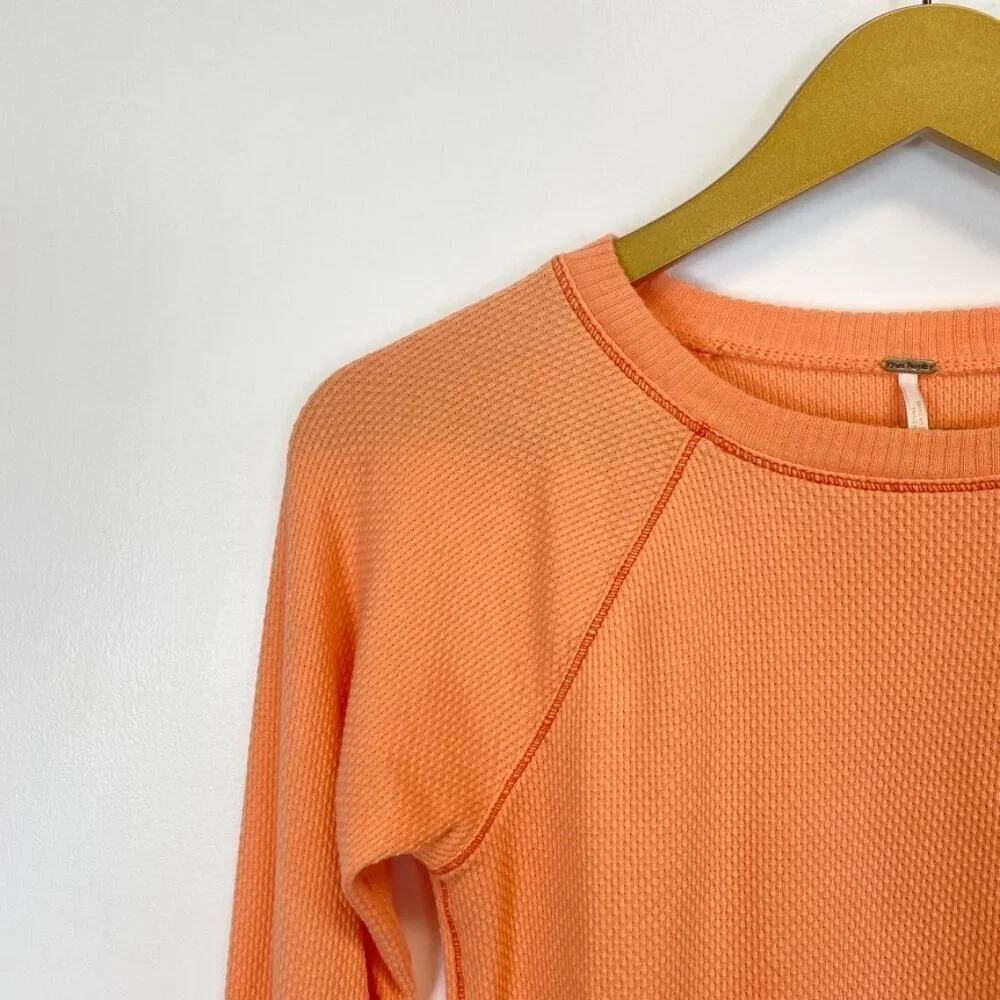 Free People Orange Thermal Waffle Knit Crochet Sweater Sleeve Top