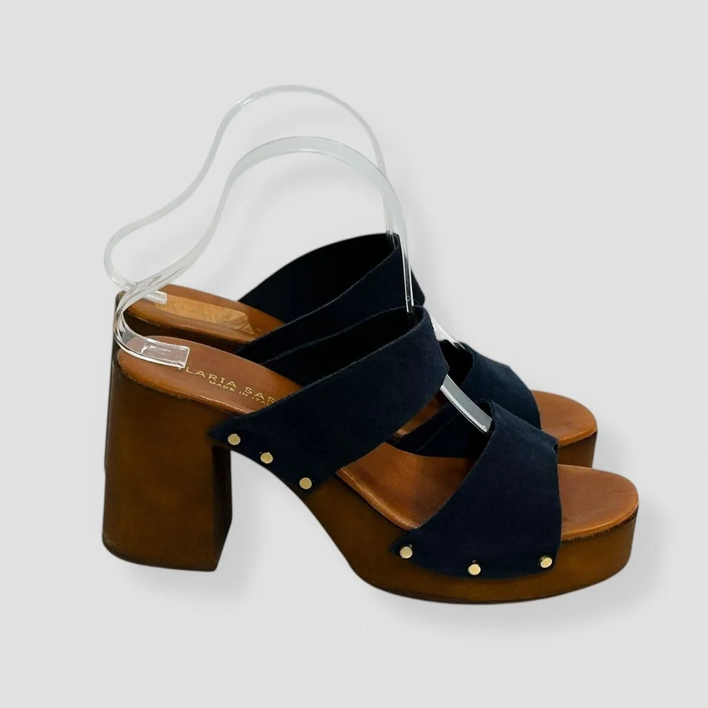 Ilaria Sartori Size 40/9.5 Italian Wooden Platform Blue Suede Sandal Casual