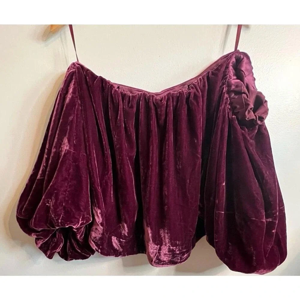 Free People Mare Mare Velvet Puff Pudd Sleeve Lined Off Shoulder‎ Small Top NWT