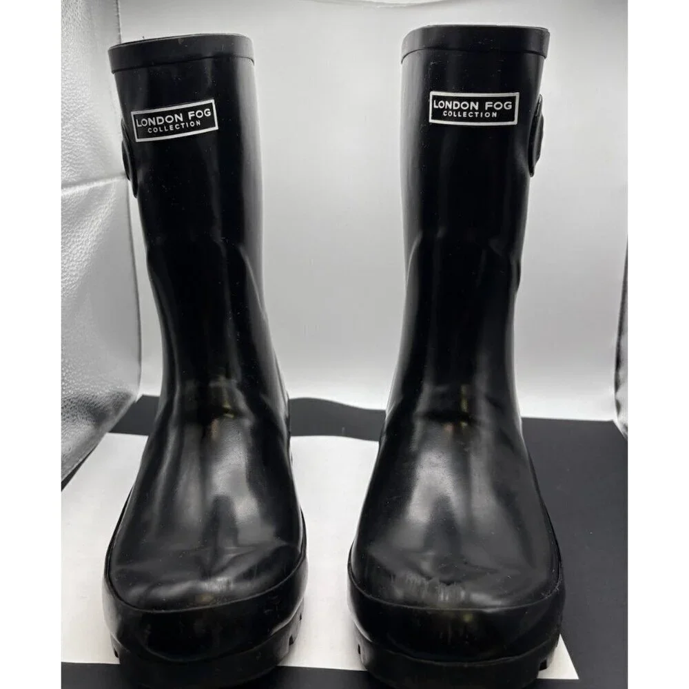 London Fog Women Mid Calf Rain Boots Tally Size US 7M Black Rubber