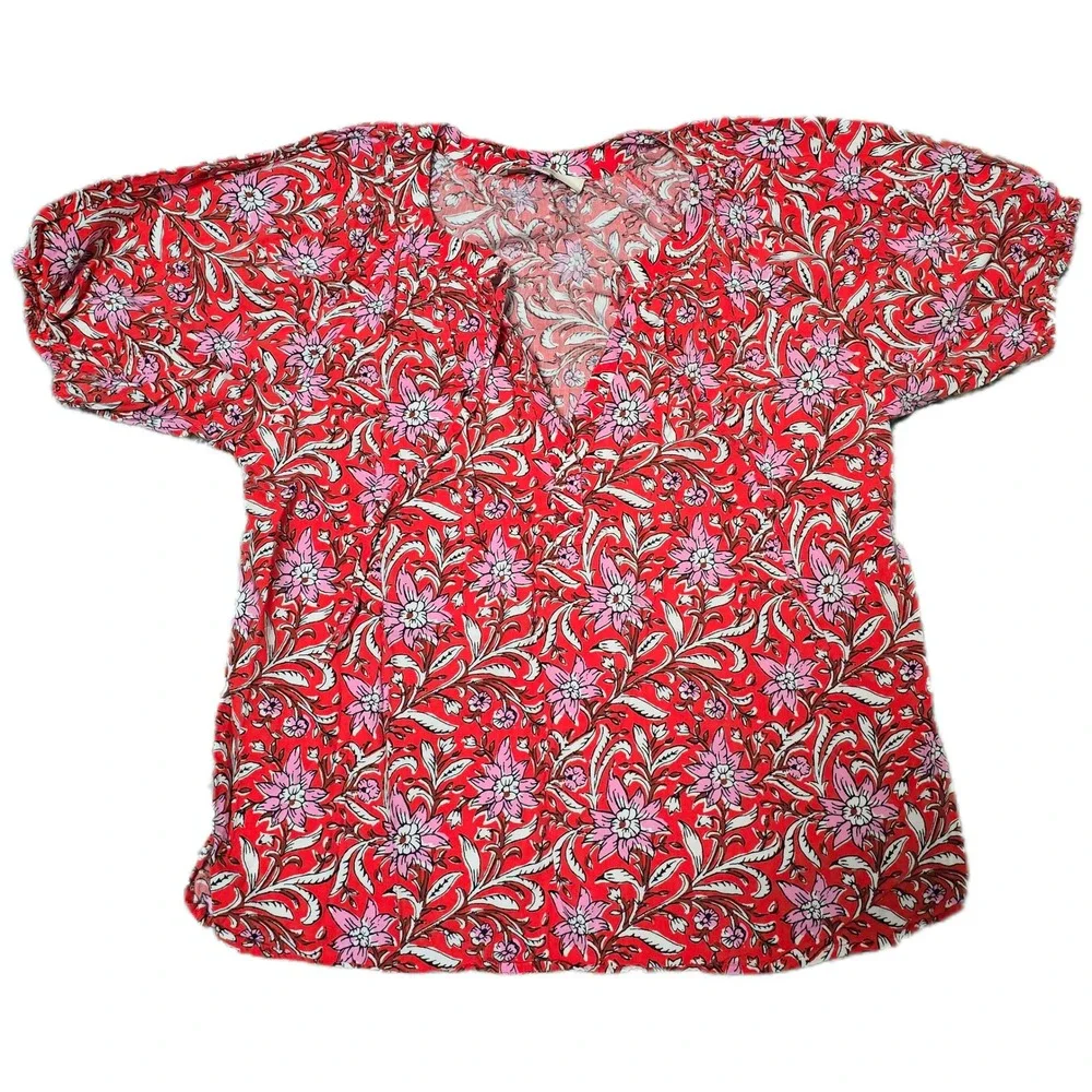 LOFT Floral Blouse Women S Red‎ Pink Excellent Split Neck Short Puff Sleeve