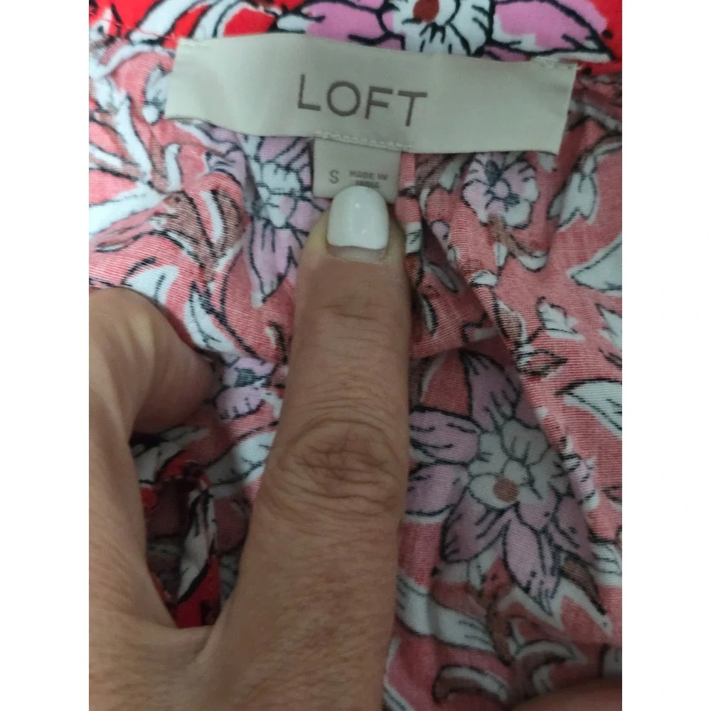 LOFT Floral Blouse Women S Red‎ Pink Excellent Split Neck Short Puff Sleeve