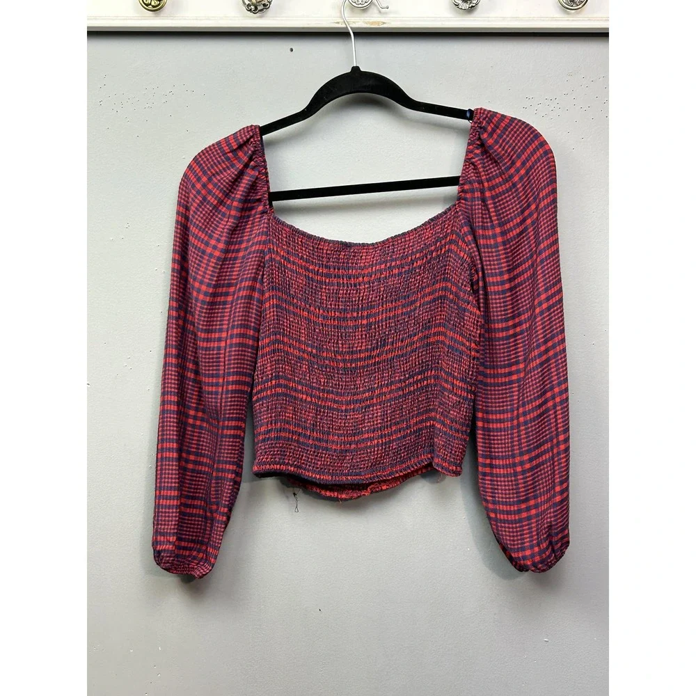 Abercrombie & Fitch Top Womens Medium Red Navy Plaid Smocked Cropped Square Neck