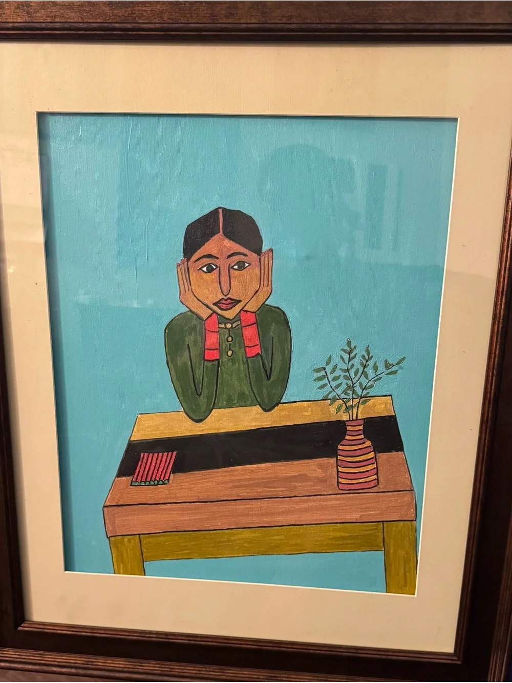 Framed Turquoise Folk Art Print – Home Office Wall Art - Acrylic/Oil