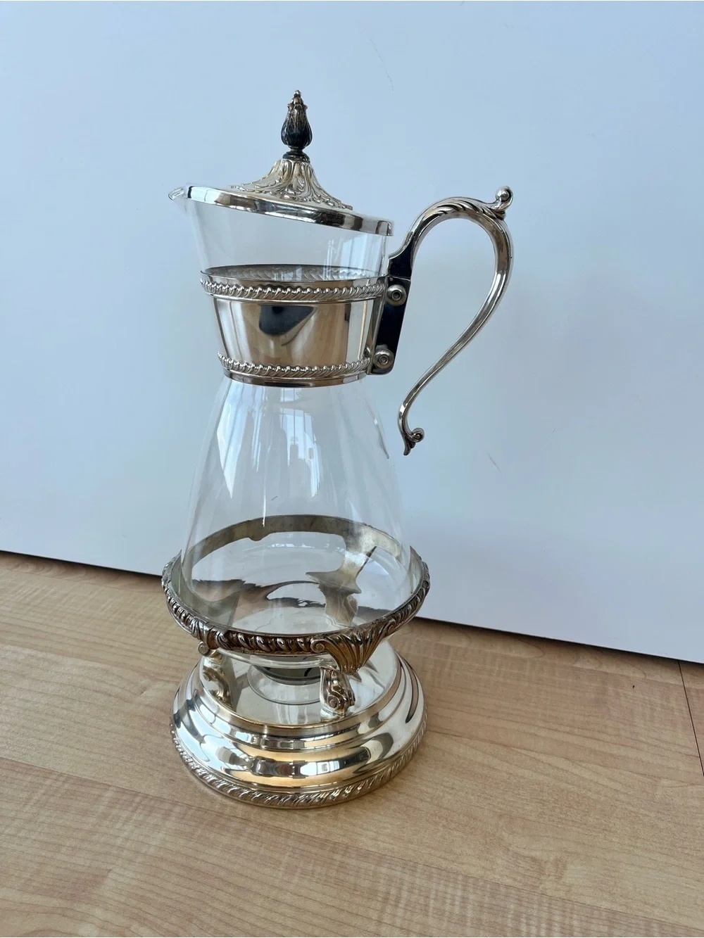 Vintage Silver-Plate Glass Pitcher with Ornate Handle & Warmer Base. Excellent!