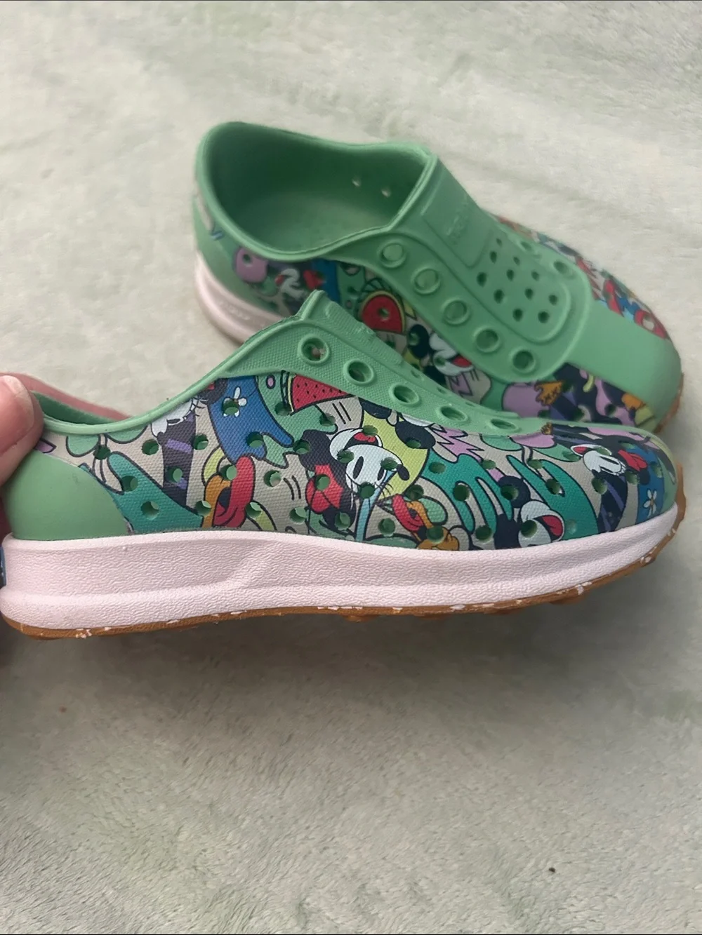 Native Disney Kids Slip-On Water Shoes in Mint Green with Multicolor Graphic