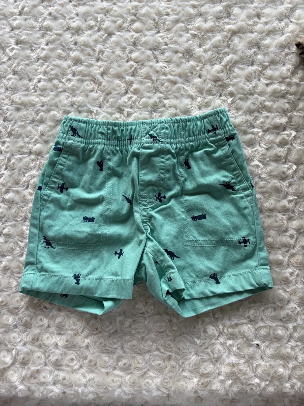 Size 12 Months Carter’s Mint Green & Navy Dinosaur Airplane Truck Print Shorts