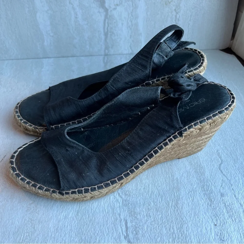 ** ERIC MICHAEL black Suede Espadrille Wedge Sandals 37 tie back