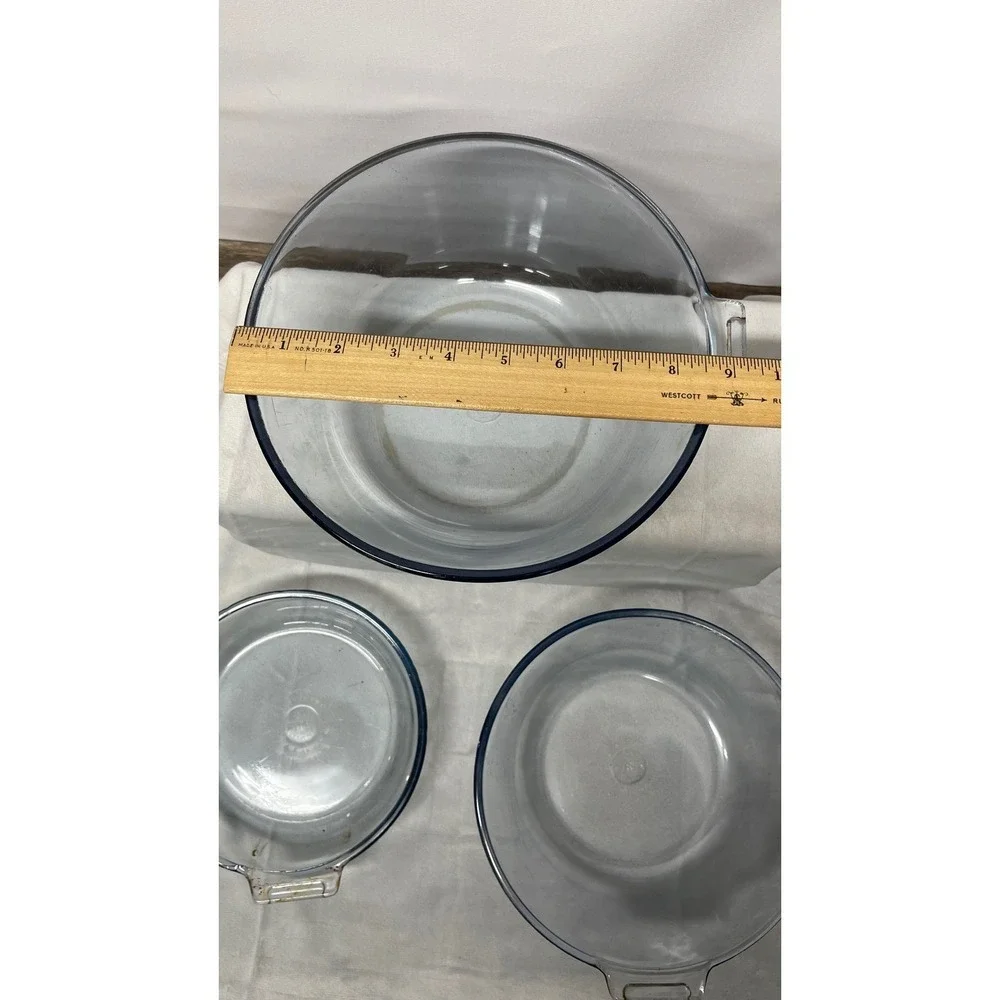 Pyrex Flameware Glass Mixing Bowl Set Blue Tint Vintage 3 Piece 833 817 807