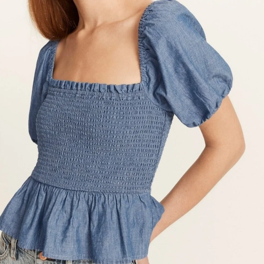 J. Crew‎ Square Neck Smocked Chambray Short Puff Sleeve Top in Blue Denim Peplum