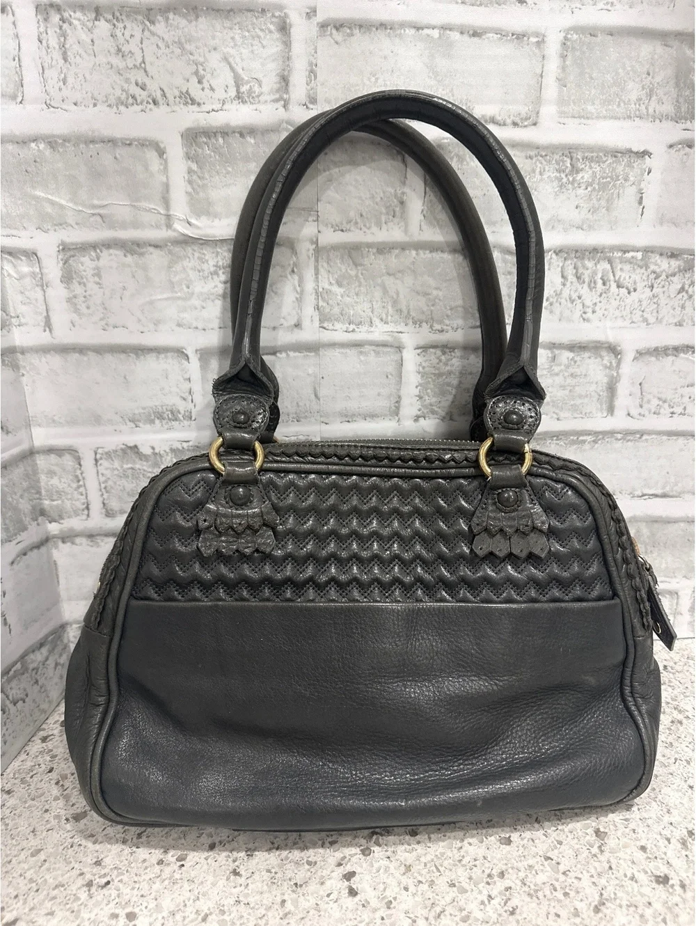 Y2K Juicy Couture Gray Leather Modern Queen Baroque Satchel with Chevron Detail