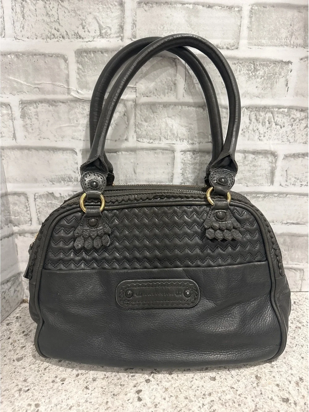 Y2K Juicy Couture Gray Leather Modern Queen Baroque Satchel with Chevron Detail