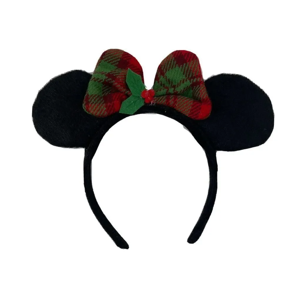 Disney Minnie Mouse Ears Christmas Holiday Holly Plaid Bow Adult OS Handmade