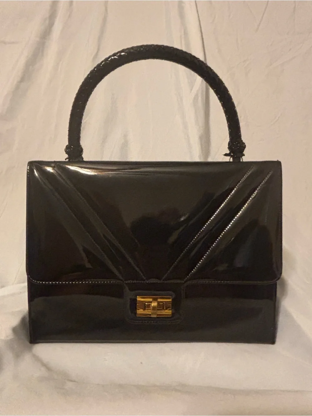 Vintage Mid-Century Crown Lewis Black Patent Satchel with Gold-Tone Lock