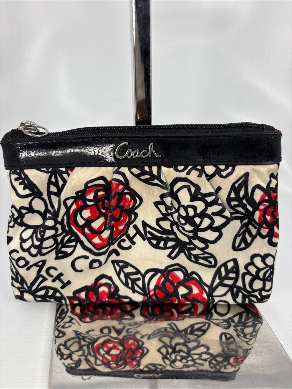 Coach Black & Red Floral Logo Small Cosmetic Pouch