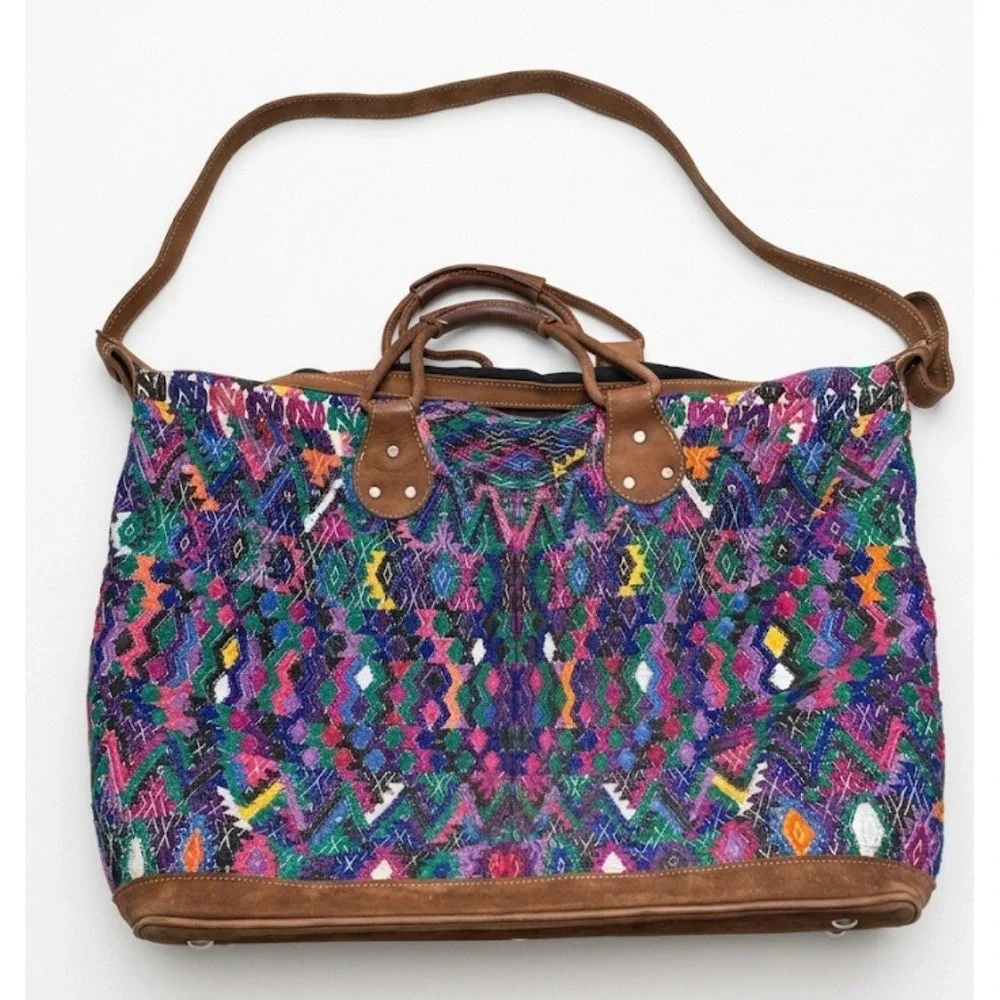 Stela 9 Artisan‎ Woven Huipil & Leather Weekender Bag - Guatemala Oversized