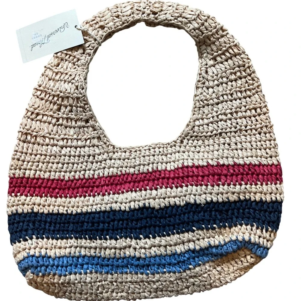 NWT‎ Universal Thread Women's Raffia Hobo Bag Tan Red Blue Stripe Shoulder Tote