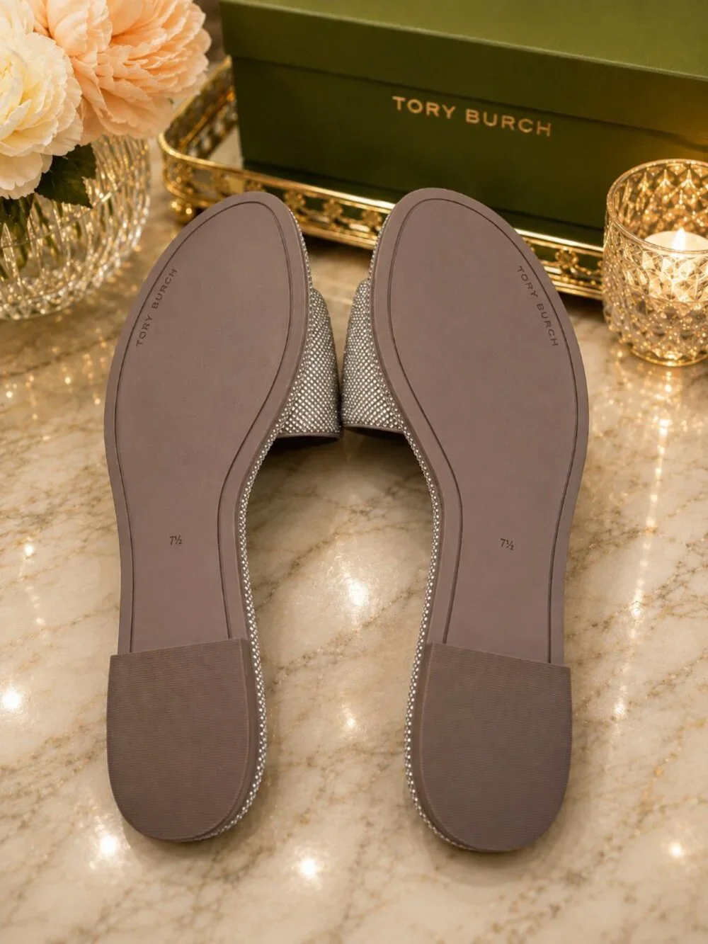 Tory Burch Crystal Silver Everly Slides