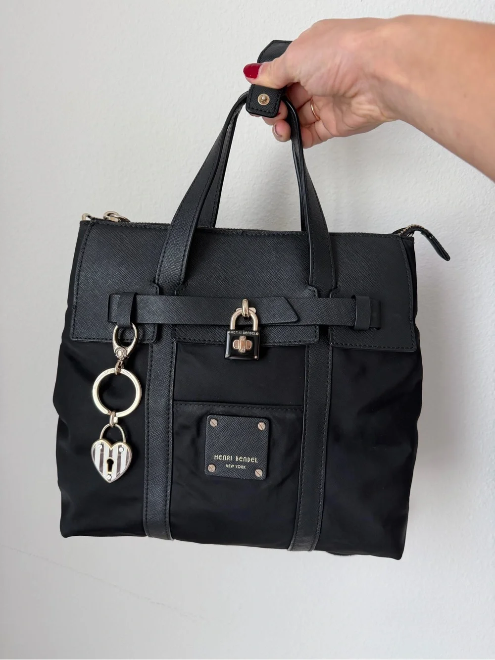 RARE Henri Bendel Black Nylon & Leather Bag with Gold Hardware and Charm