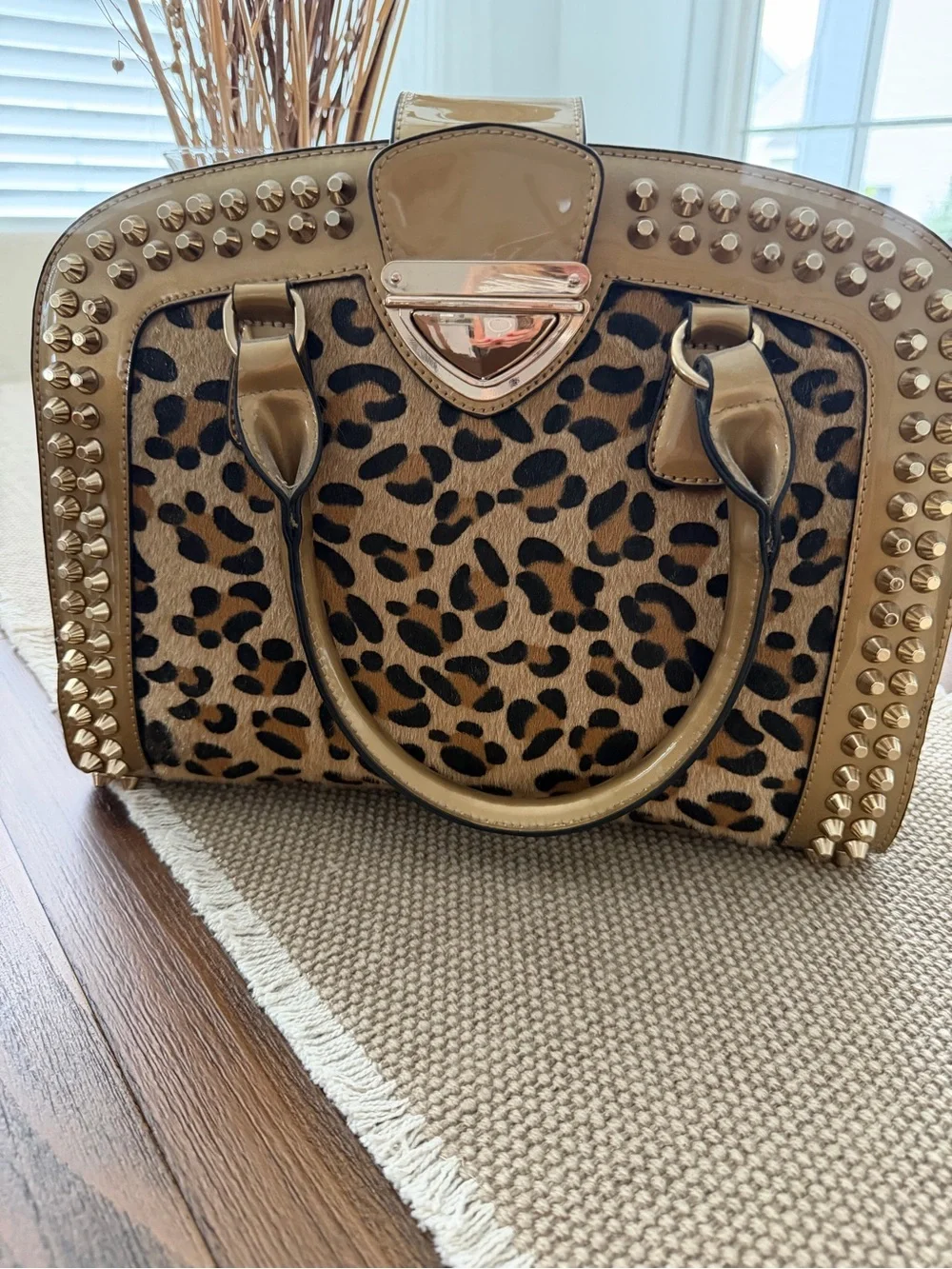 Leopard Print Dome Satchel Handbag in Tan and Black