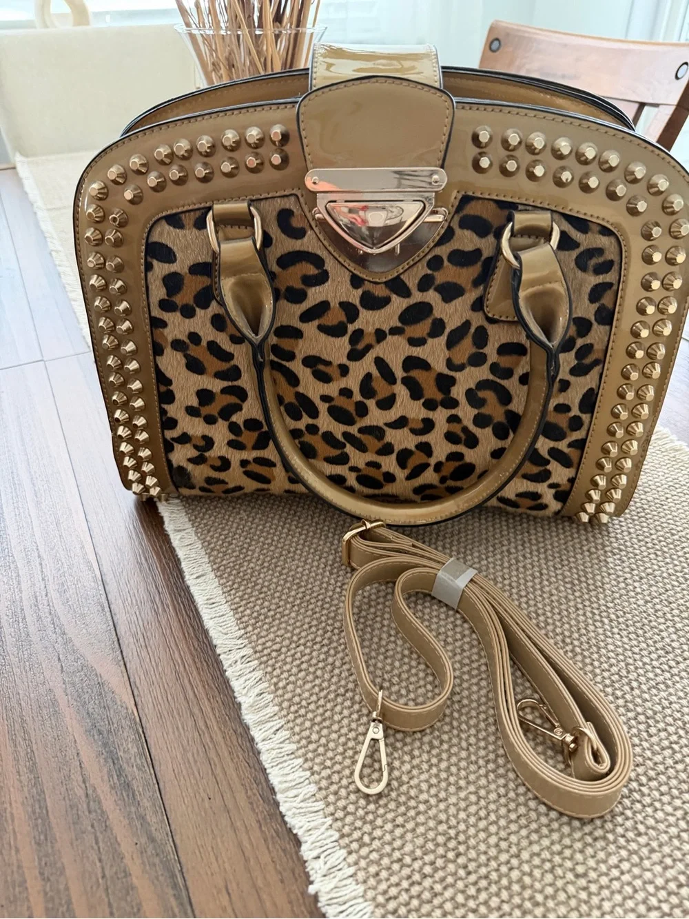 Leopard Print Dome Satchel Handbag in Tan and Black
