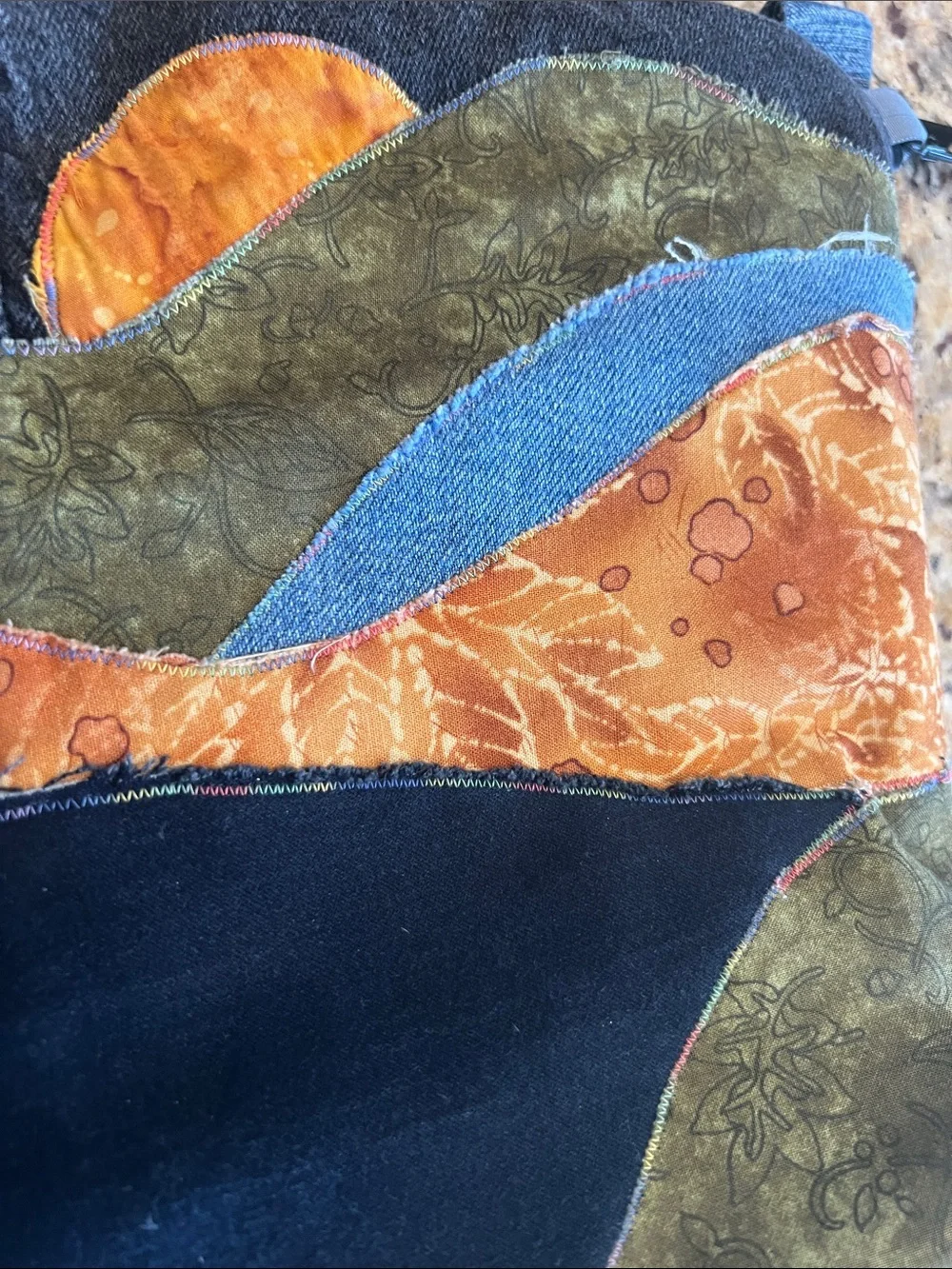 Hand Crafted Patchwork Cosmetic Bag - Blue, Orange & Olive repurposed jean bag